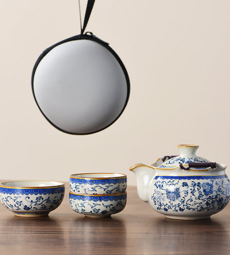 Blue and white beige Ru kiln travel tea set one pot three cups outdoor portable entwined lotus ceramic retro teapot