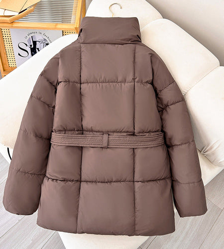 Winter Thick Stand Collar Parkas Women Fashion Tie Waist Short Coats Elegant New Solid Puffer Jackets Female Ladies Streetwear