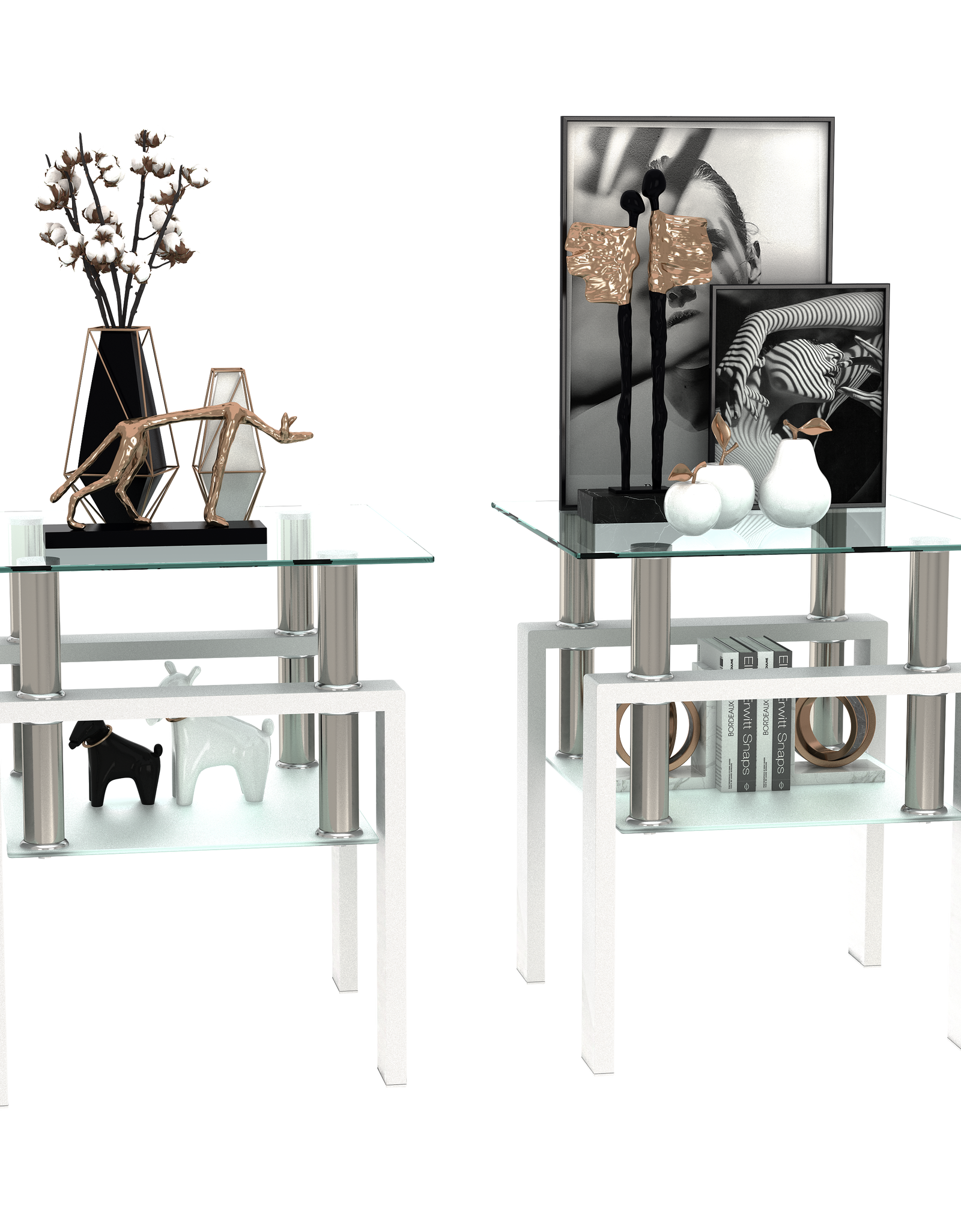 Set of 2, Modern Tempered Glass Tea Table Coffee Table End Table, Square Table for Living Room, Transparent/White