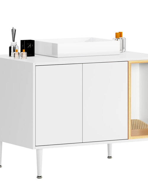 Load image into Gallery viewer, Bathroom sink cabinet, with cat trash can shell, hidden garbage pet bathroom, with partition, wooden cabinet furniture, white
