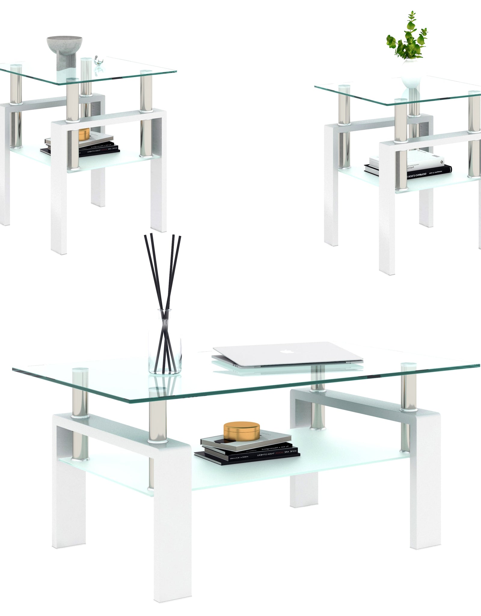 Set of 2, Modern Tempered Glass Tea Table Coffee Table End Table, Square Table for Living Room, Transparent/White