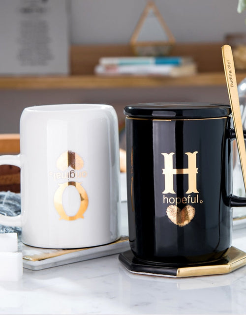 Load image into Gallery viewer, 400ml Creative Gold Finger Printing Black Ceramic Coffee Mug Tea Cup With Gold Handle As Gift With Lid And Spoon

