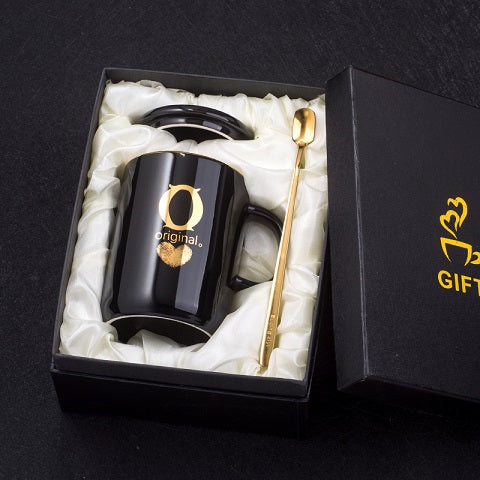 Load image into Gallery viewer, 400ml Creative Gold Finger Printing Black Ceramic Coffee Mug Tea Cup With Gold Handle As Gift With Lid And Spoon
