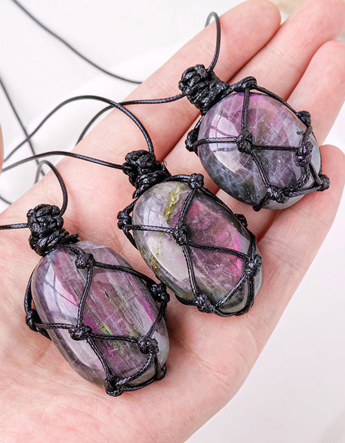 Load image into Gallery viewer, Purple Light Feldspar Raw Stone Handmade Mesh Bag Pendant Moonstone Shape Crystal Necklace

