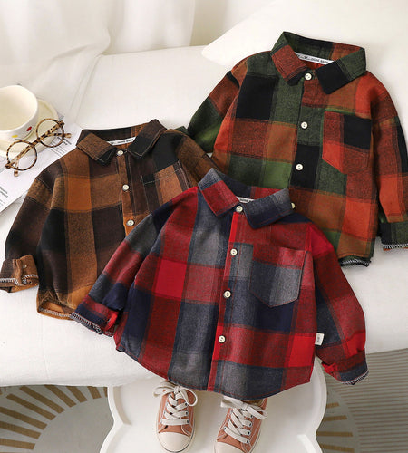 Autumn Toddler Boys Plaid Shirts Cotton Contrast Long Sleeve Infant Babys Boys Outwear Coat Loose Turn Down Collar Kid Boys Tops