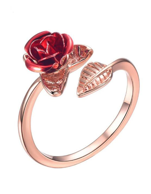 Load image into Gallery viewer, U7 Red Rose Garden Flower Leaves Resizable Finger Rings for Women Valentine's Day Gift Jewelry Hot Sale Open Ring R1019
