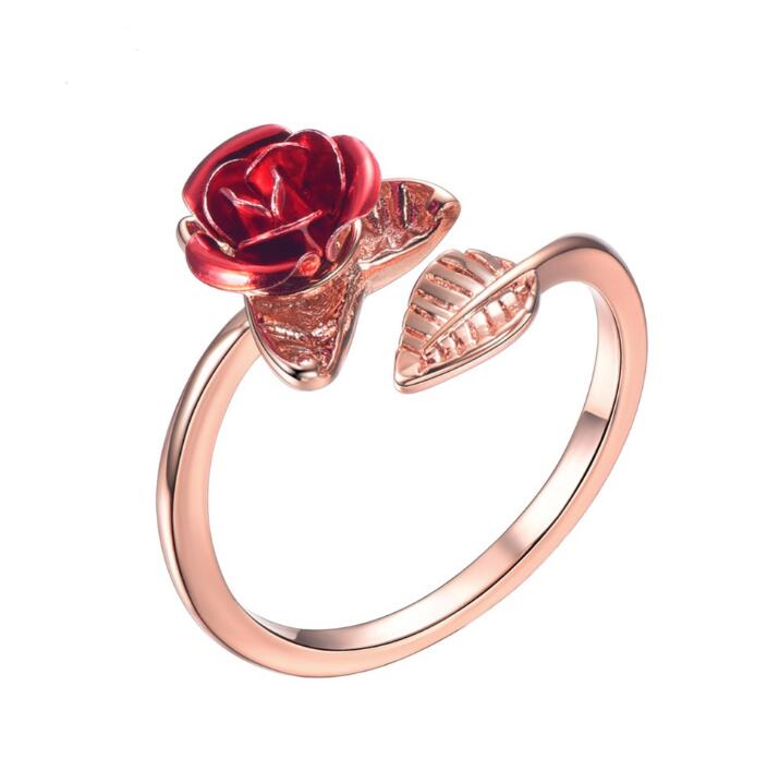 U7 Red Rose Garden Flower Leaves Resizable Finger Rings for Women Valentine's Day Gift Jewelry Hot Sale Open Ring R1019