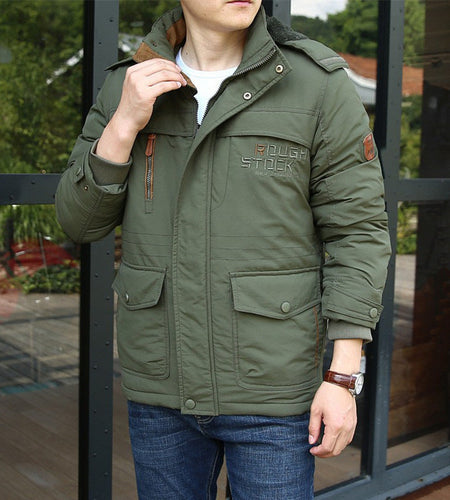 Winter men's thick cotton jacket with added fleece medium to long length warm plus large size multi pocket cotton jacket