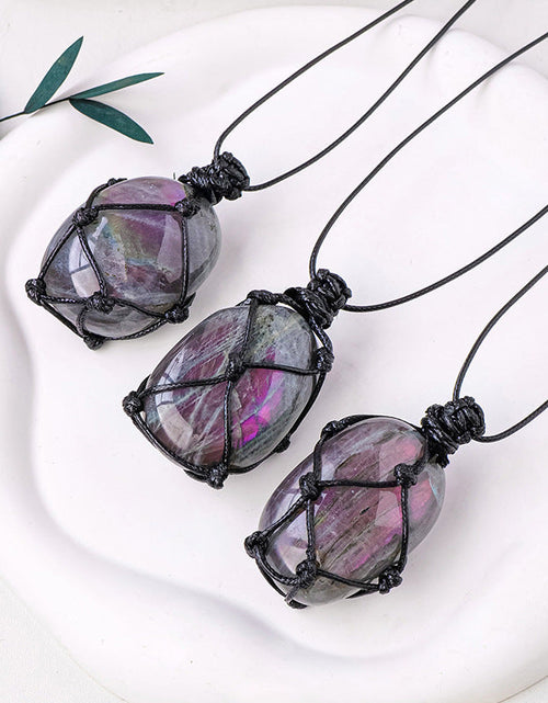 Load image into Gallery viewer, Purple Light Feldspar Raw Stone Handmade Mesh Bag Pendant Moonstone Shape Crystal Necklace
