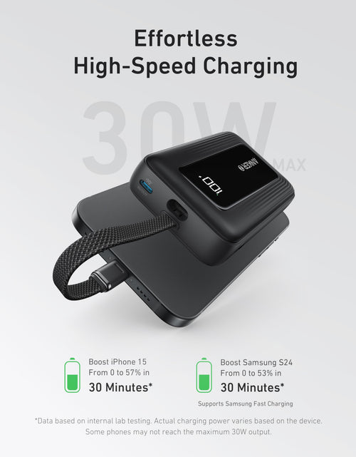 Load image into Gallery viewer, Anker Zolo Power Bank (10K, 30W) with a 5.4-inch (13.7 cm) built-in USB-C cable.
