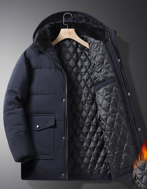 Load image into Gallery viewer, Coat men's winter new style with added velvet and thickened warm cotton clothing, business and leisure mid length hooded plus size men's cotton clothing
