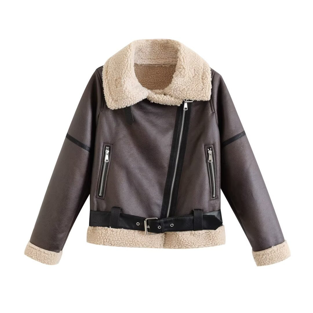 Fashionable and versatile zipper belt with loose casual long sleeved cotton jacket