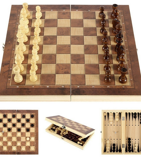 3 In 1 Portable Wooden Foldable Chess Board Set & Checkers & Backgammon Set With Chess Pieces And Carrying Case