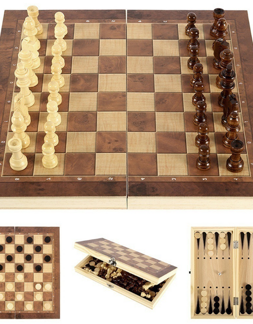 Load image into Gallery viewer, 3 In 1 Portable Wooden Foldable Chess Board Set &amp; Checkers &amp; Backgammon Set With Chess Pieces And Carrying Case
