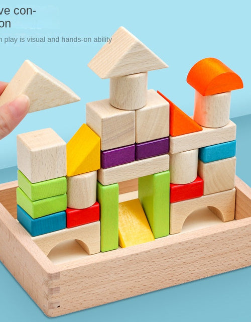 Load image into Gallery viewer, Wooden box packed building blocks, shape recognition, creativity, assembly thinking, exercise, color recognition, early education, interactive wooden toys
