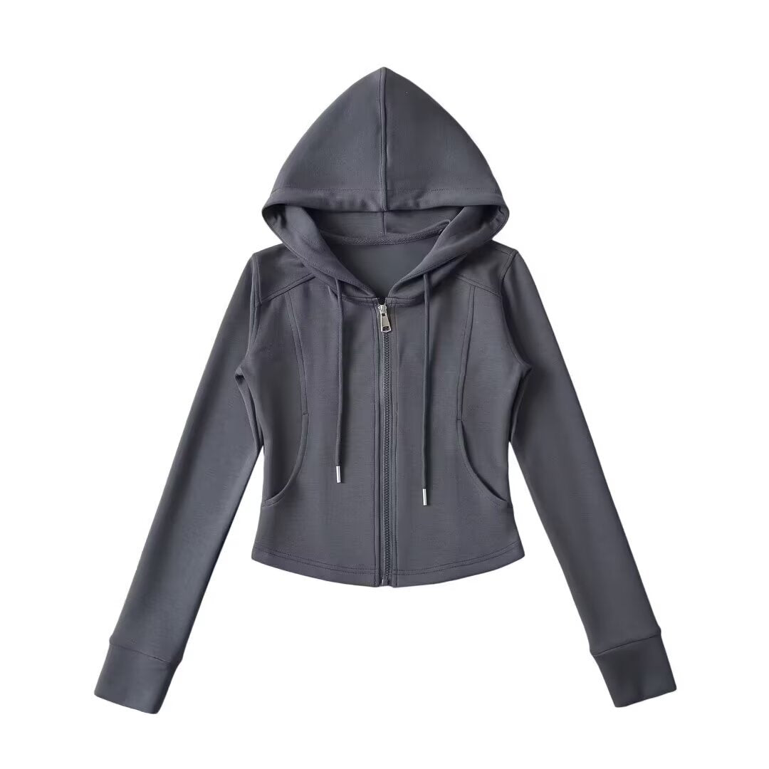 Drawstring hooded zipper long sleeved slim fit hoodie