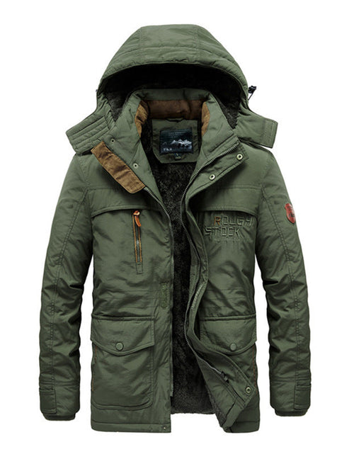 Load image into Gallery viewer, Winter men's thick cotton jacket with added fleece medium to long length warm plus large size multi pocket cotton jacket
