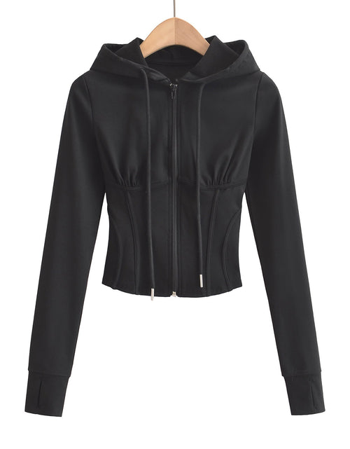 Load image into Gallery viewer, Slim fit drawstring hooded zipper top
