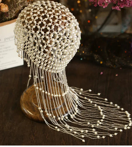 Handmade hollowed out headpiece performance pearl tassel hat