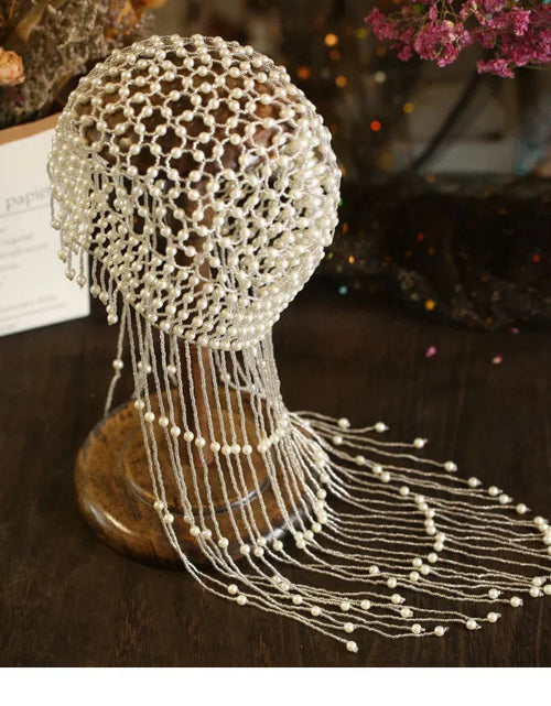 Load image into Gallery viewer, Handmade hollowed out headpiece performance pearl tassel hat
