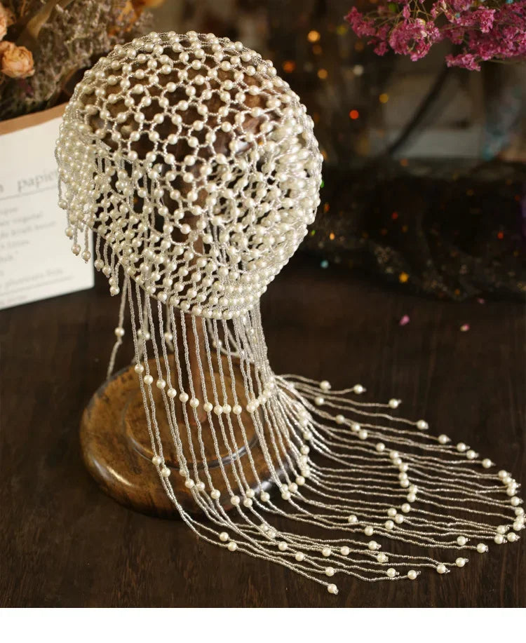 Handmade hollowed out headpiece performance pearl tassel hat