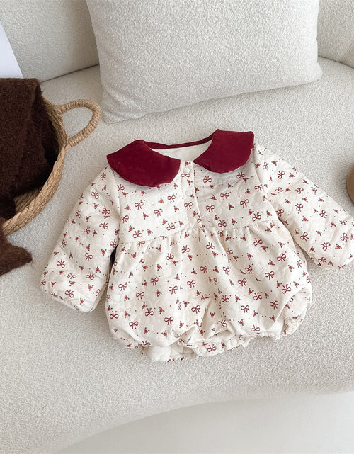 Load image into Gallery viewer, Autumn style baby gown newborn bow and velvet wrapped fart gown hundred day one month one year old baby dress
