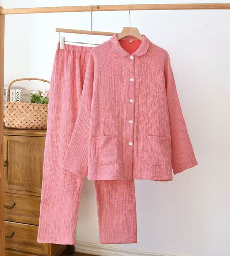 Women's sleepwear made of pure cotton with four layers of gauze, suitable for couples in spring, autumn, and winter. Men's casual plus size set