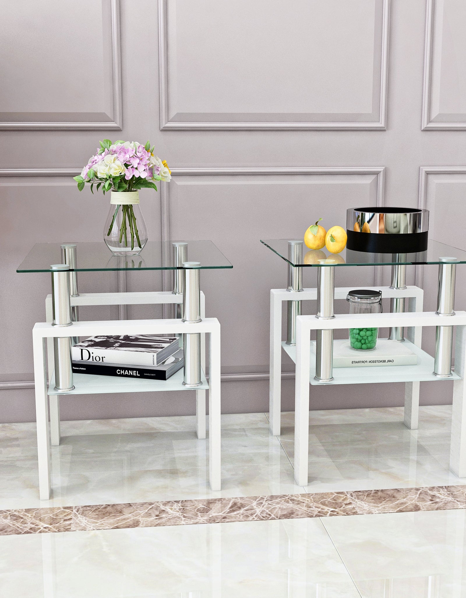 Set of 2, Modern Tempered Glass Tea Table Coffee Table End Table, Square Table for Living Room, Transparent/White