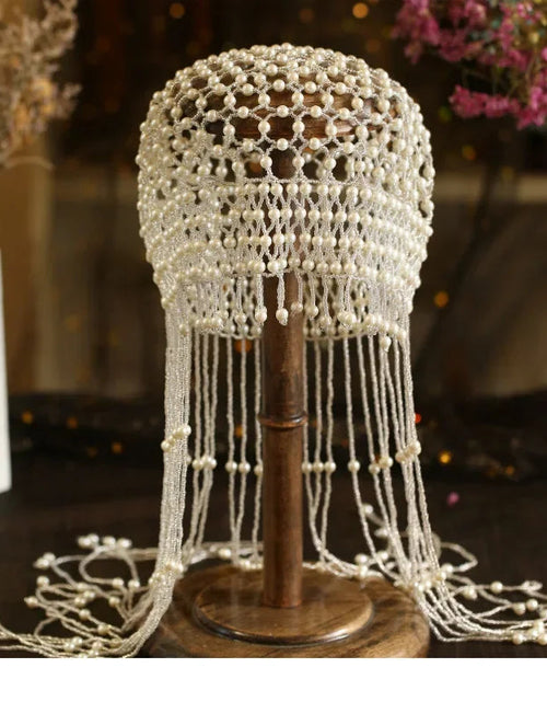 Load image into Gallery viewer, Handmade hollowed out headpiece performance pearl tassel hat
