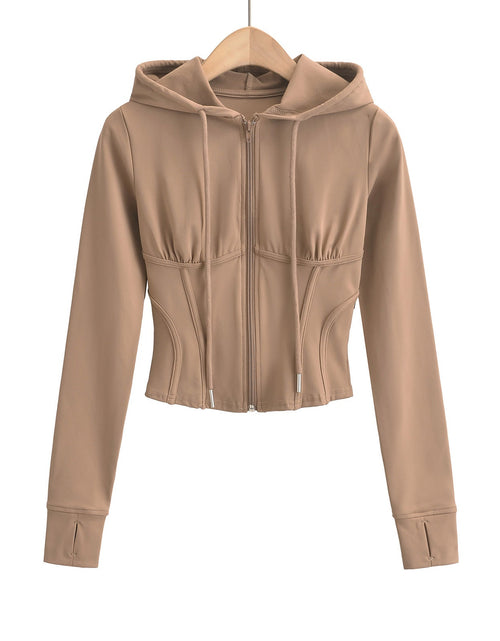 Load image into Gallery viewer, Slim fit drawstring hooded zipper top
