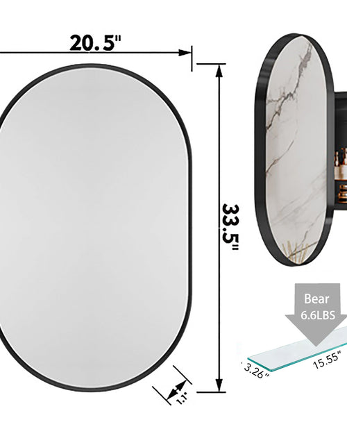 Load image into Gallery viewer, 20x34 inch oval embedded medicine cabinet, metal frame bathroom cabinet with mirror and adjustable shelf matte black
