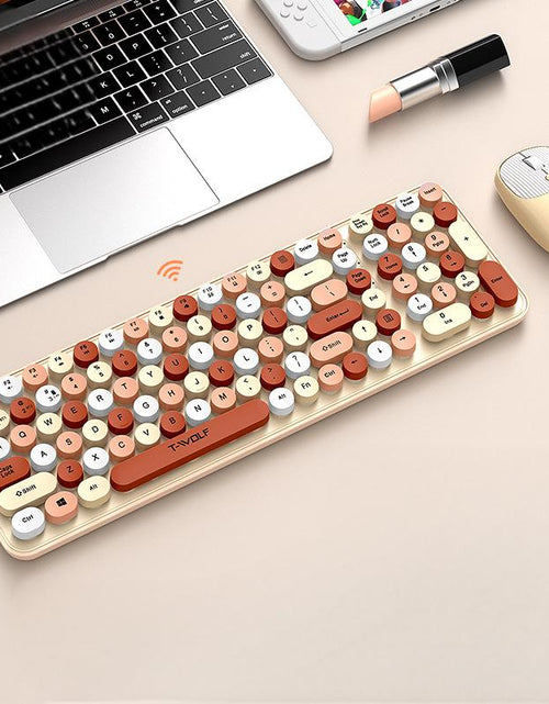 Load image into Gallery viewer, T-WOLF Thunder Wolf TF350 Wireless Keyboard and Mouse Set for Girls, Colorful Punk Retro Mouth Red Round Key Cap
