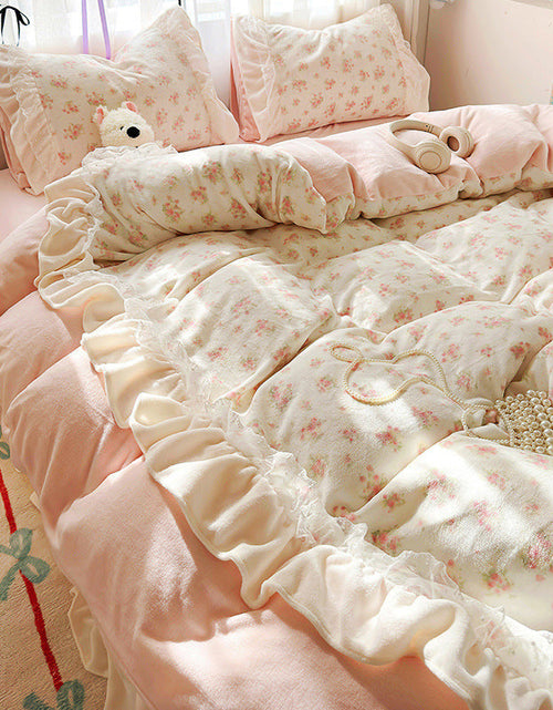 Load image into Gallery viewer, Princess style milk velvet bed four piece set, winter thick double-sided velvet duvet cover with velvet bed sheet bedding

