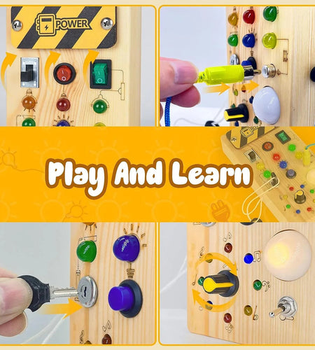 Montessori Busy Board Sensory Toys Wooden with LED Light Switch Control Board Travel Activities Kids Games for 2-4 Years Old