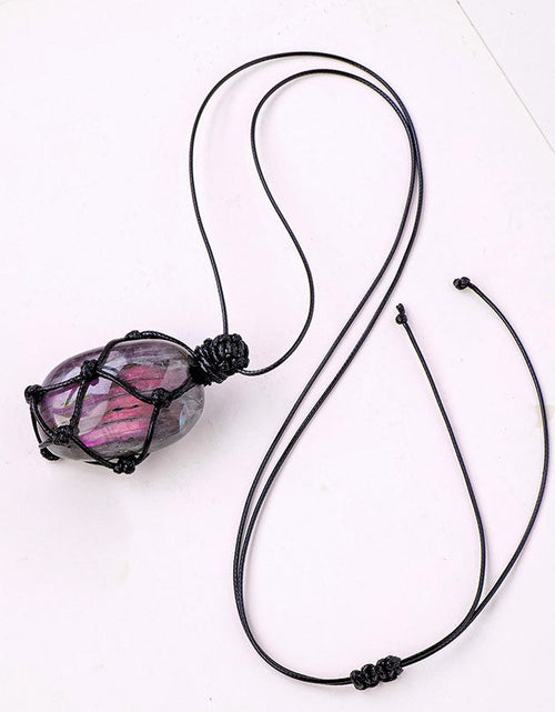 Load image into Gallery viewer, Purple Light Feldspar Raw Stone Handmade Mesh Bag Pendant Moonstone Shape Crystal Necklace
