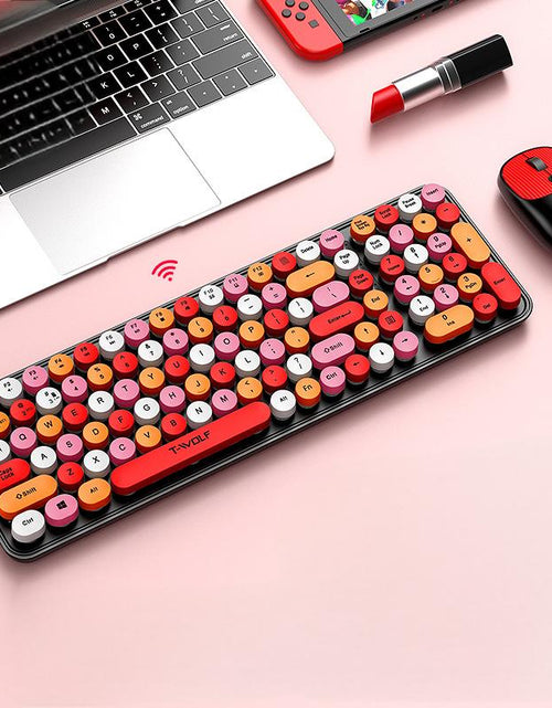 Load image into Gallery viewer, T-WOLF Thunder Wolf TF350 Wireless Keyboard and Mouse Set for Girls, Colorful Punk Retro Mouth Red Round Key Cap
