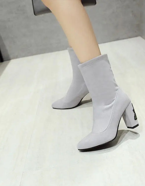 Load image into Gallery viewer, Embroidered Gray Ankle Boots with Chunky Heels for Women
