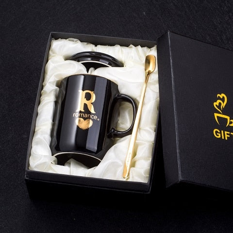Load image into Gallery viewer, 400ml Creative Gold Finger Printing Black Ceramic Coffee Mug Tea Cup With Gold Handle As Gift With Lid And Spoon
