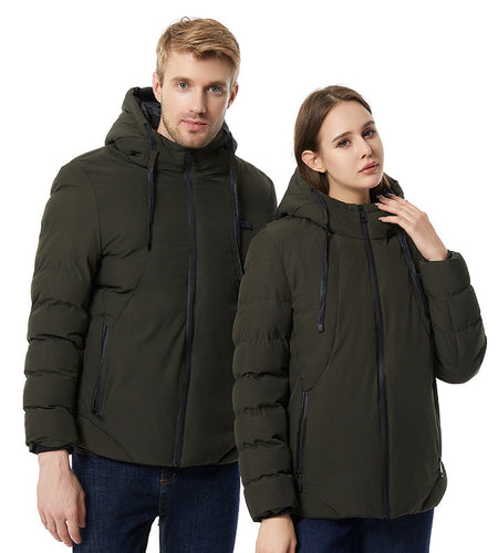Intelligent constant temperature heating clothing for autumn and winter, suitable for men and women, USB heating, thick solid color hooded heating, warm cotton jacket
