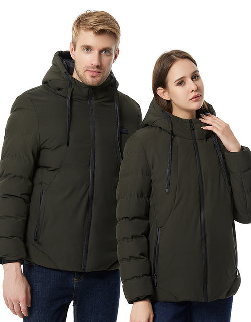 Load image into Gallery viewer, Intelligent constant temperature heating clothing for autumn and winter, suitable for men and women, USB heating, thick solid color hooded heating, warm cotton jacket
