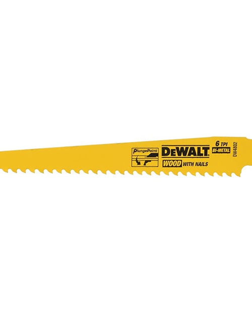 Load image into Gallery viewer, DEWALT DW4802 Wood Cutting 6" 6 TPI Taper Back Bi-Metal Reciprocating Saw Blade (5 Pk)
