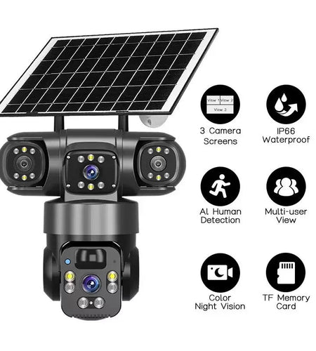 V380 360-Degree Panoramic 3-View 3-Lens Wireless WiFi/4G Solar-Powered Camera Surveillance System