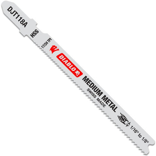 Load image into Gallery viewer, Diablo DJT118A5 3-5/8 in. 17/24 TPI High Speed Steel T-Shank Jig Saw Blades for Medium Metal (5-Pack)
