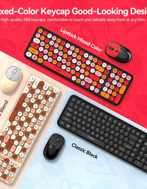 Load image into Gallery viewer, T-WOLF Thunder Wolf TF350 Wireless Keyboard and Mouse Set for Girls, Colorful Punk Retro Mouth Red Round Key Cap
