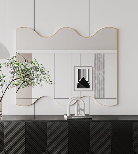 Wall Mirror 30x35 Inch Black Rectangular Mirror with 2 Wavy Sides Metal Framed Mirror Vanity Mirror Dressing Mirror