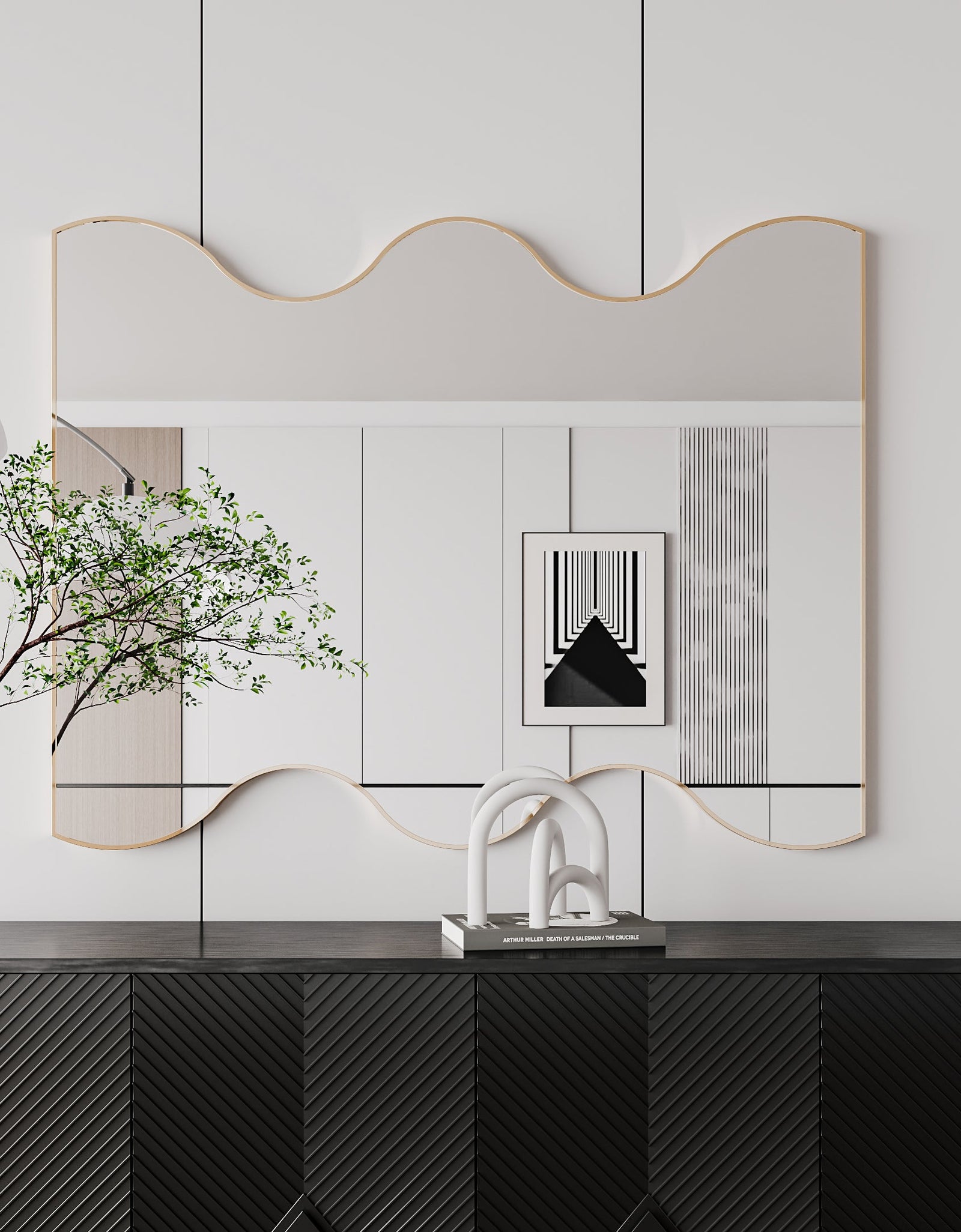 Wall Mirror 30x35 Inch Black Rectangular Mirror with 2 Wavy Sides Metal Framed Mirror Vanity Mirror Dressing Mirror