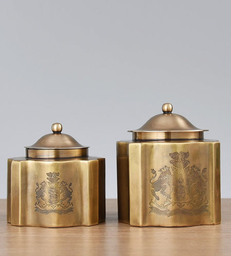 Brass vintage storage box, coffee can, chocolate candy can, tea can, decorative tabletop ornament