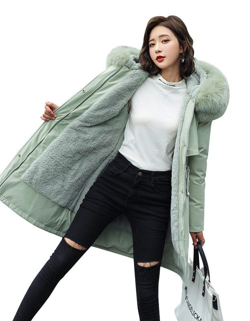 Load image into Gallery viewer, Korean version of long and medium length big fur collar with fleece jacket cotton jacket for women's fashion
