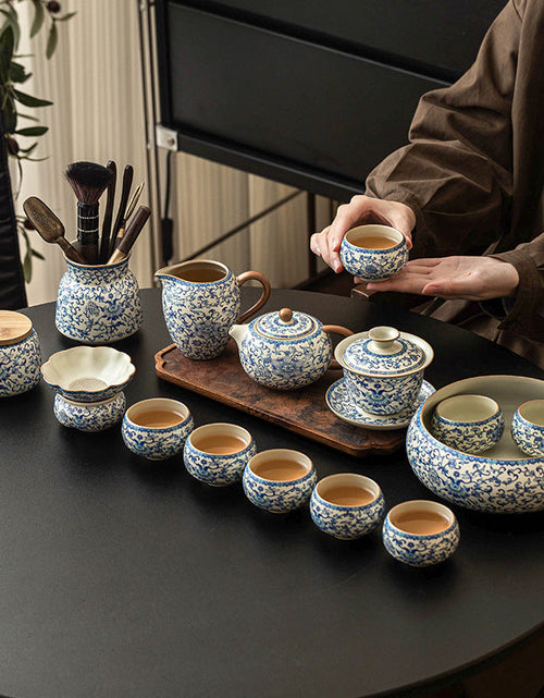 Load image into Gallery viewer, Kung Fu tea set blue and white lotus tea pot fair cup tea can ceramic lid bowl
