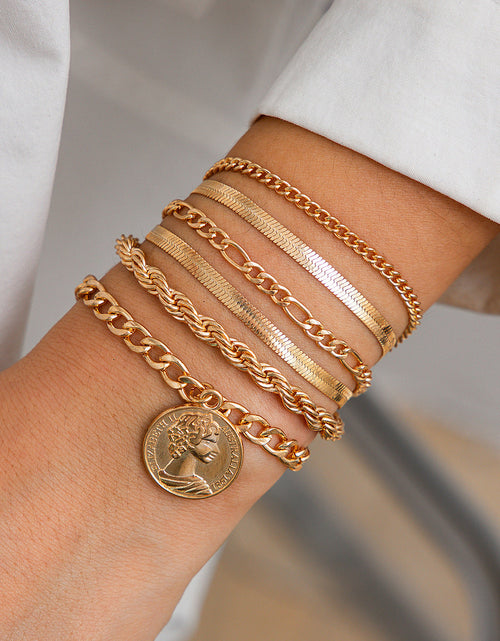 Load image into Gallery viewer, Ins round pendant Bracelet set irregular metallic flat snake chain bracelet
